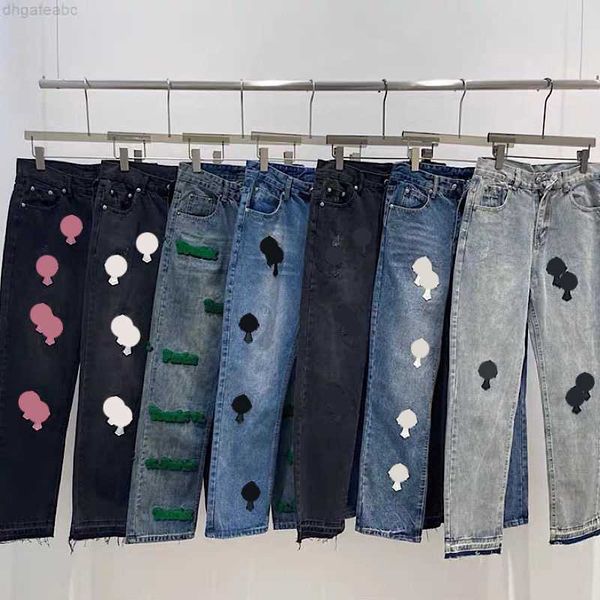 

men's jeans mens designer make old washed chrome straight trousers heart letter prints for women men casual long style chromees hearts, Blue