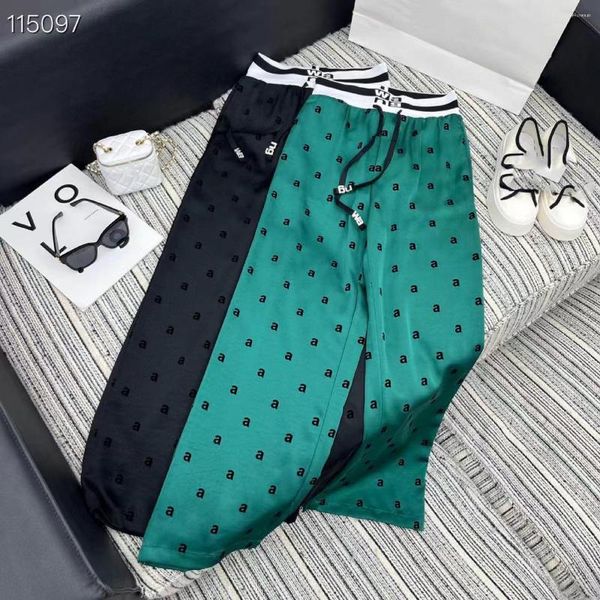 

spring and summer full print letters high waist wide leg pants elastic waist design, Black;white