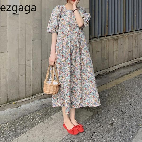 

dresses ezgaga floral printed dress women french style vintage half puff sleeve 2021 spring summer girl tender elegant dresses vestidos, Black;gray