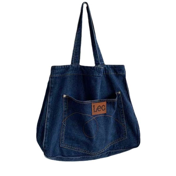 

3pcs stuff sacks women demin dark blue large capacity pouch sport shopping bags