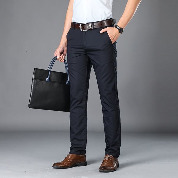 

men's pants browon brand men casual mid long trousers male bamboo fiber straight work pant summer thin big size 2942 230517, Black
