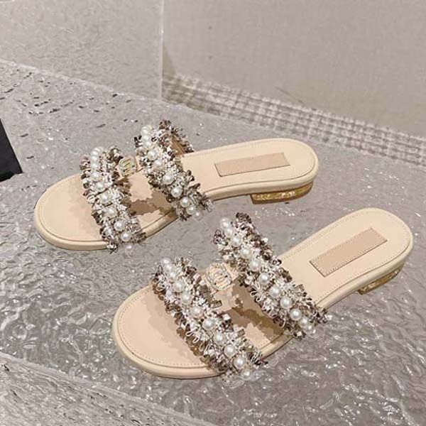 

designer women sandals womens slides new style calf leather fashion platform pearl casual shoes summer beach flat slipper 35-41 with box, Black