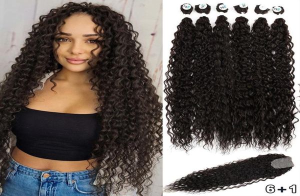 

kinky curly bundles with closure synthetic organic fake hair extensions anjo plus deep wave 32inch super long weave afro curls 2207687024, Black;brown