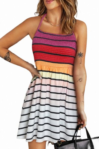 

striped print smocked halter open back fit flare dress 702x#, Black;pink