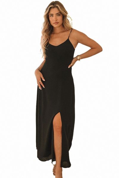 

black spaghetti straps lace up back maxi dress q28i#, Black;pink