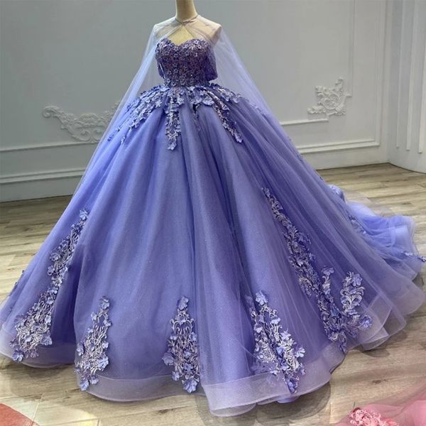 

lavender quinceanera dresses with cape 3d flower applique sweet 15 prom party gown off the shoulder princess vestidos de 16 anos, Blue;red
