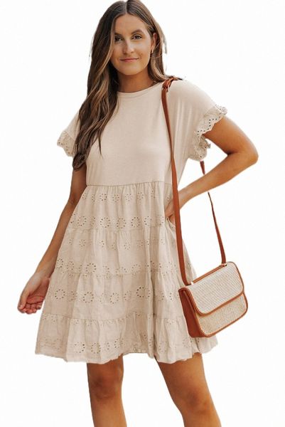 

khaki eyelet pattern tiered short dress 2023 new 34dl#, Black;pink