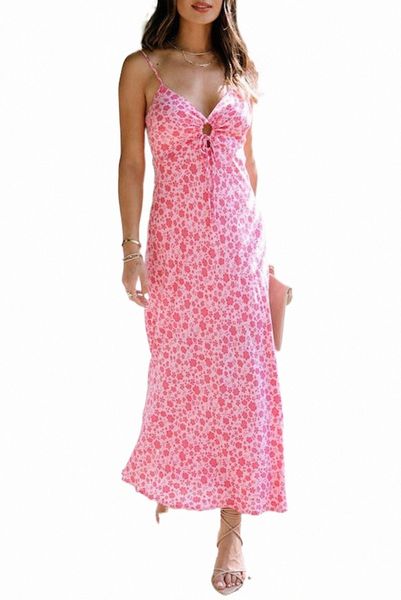 

pink flower print front cut out maxi dress 2023 new c82m#, Black;pink