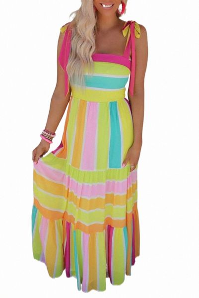 

yellow color block striped bow knot straps maxi dress m7so#, Black;pink