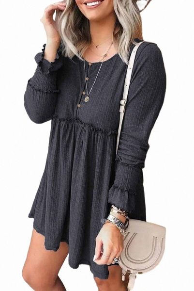 

gray textured button long sleeve babydoll dress b5hq#, Black;pink