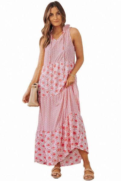

pink abstract print split neck sleeveless maxi dress t4yr#, Black;pink