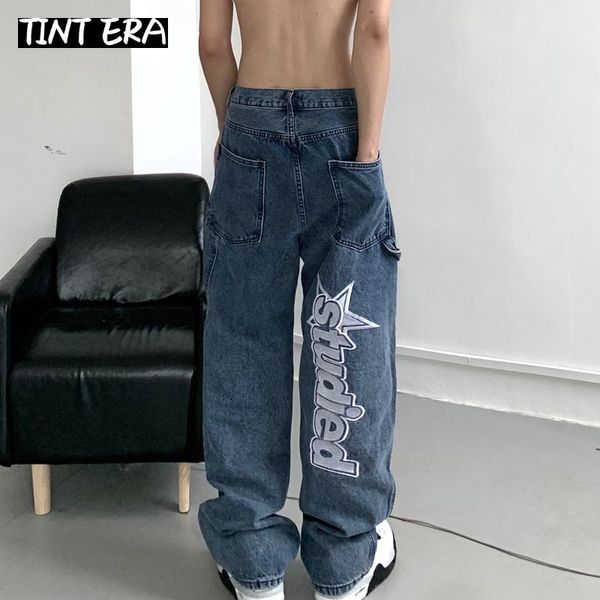 

mens jeans tint ear hiphop letter embroidery y2k denim loose straight pants wide leg trousers for men couples streetwear cargo korean 230516, Blue