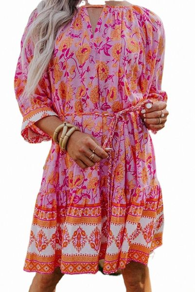 

red 3/4 sleeve boho floral belted mini dress y1ql#, Black;pink