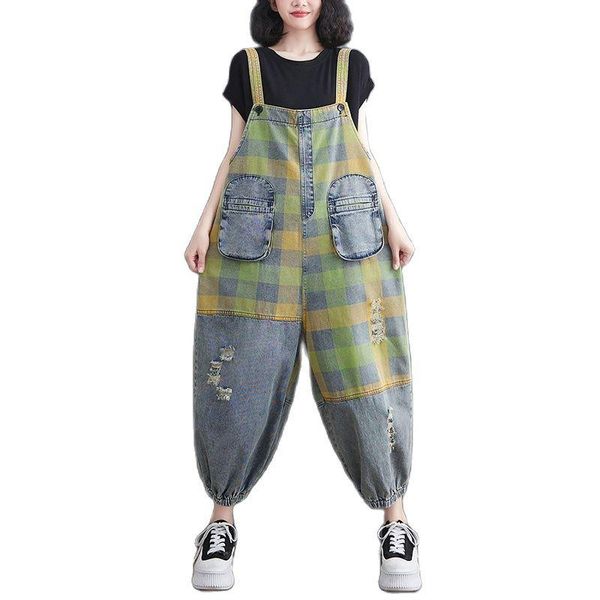 

jeans checked printing cotton denim jumpsuits big pockets european fashion women denim overalls vintage washed, Blue