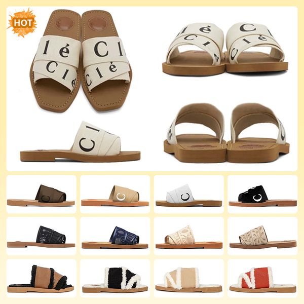 

designer woody sandals womens mules flat slides light tan beige white black pink red dark brown lace lettering fabric canvas slippers summer