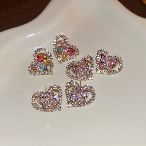

s3668 cute colorful butterfly hollow out heart stud earrings for women s925 silver needle rhinestone korea fashion sweet earrings, Golden;silver