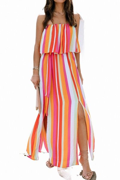 

stripe overlay strapless maxi dress with slits g7zm#, Black;pink