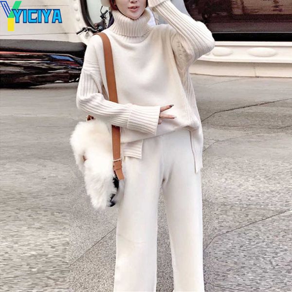 

yiciya two piece dress sweater set women winter knitted suits 2 soild turtleneck + loose trousers office lady suit 2023 warm pullover, White