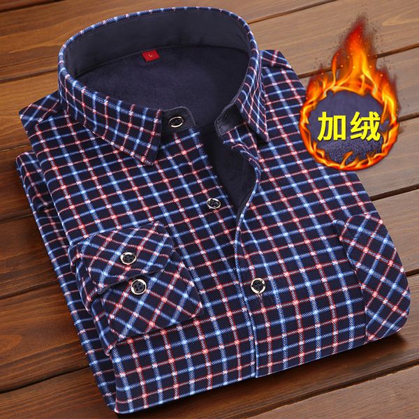 

men's dress shirts men's winter velvet thickened thermal plaid warm shirt fashion long sleeve button-down collar shirts for men cl, White;black