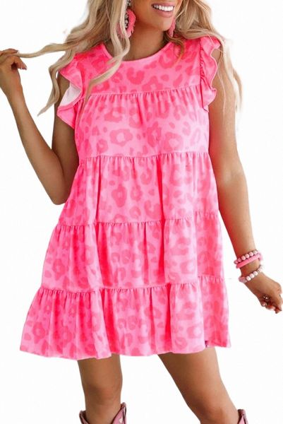 

leopard round neck ruffle tiered mini dress 2023 new x0ek#, Black;pink