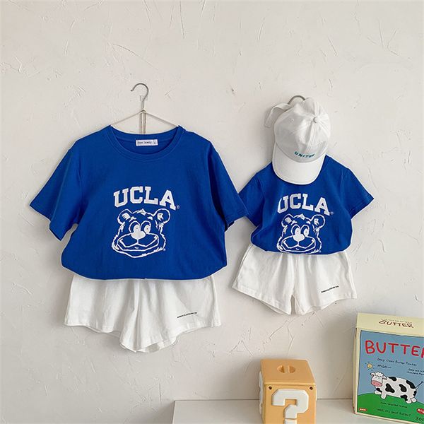 

family matching outfits setelan keluarga laki laki perempuan baju saudara balita gambar cetak imut pakaian katun musim panas anak anak terli, Blue