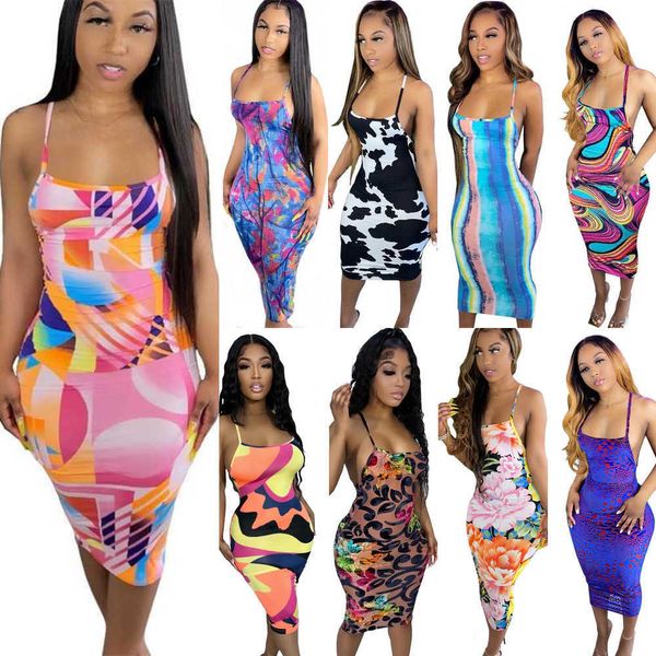 

womens casual dresses designer clothing tie dye printed slim sling backless dress summer plus size skirt 17 colours, Black;gray