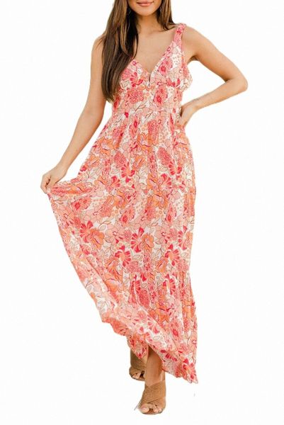 

floral print v neck sleeveless empire waist dress 12rt#, Black;pink