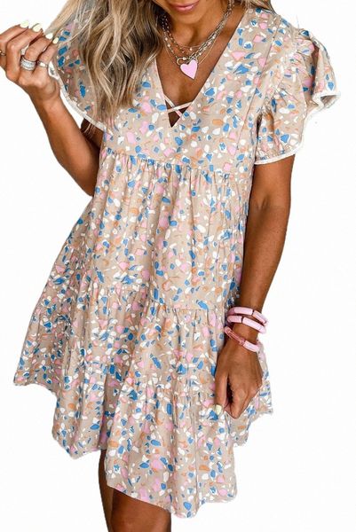 

khaki printed crisscross decor v neck flutter sleeve dress j9bw#, Black;pink