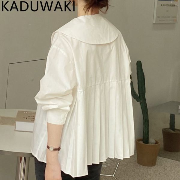 

women's blouses shirts sweet peter pan collar back pleated shirt women spring autumn loose casual blouse korean chic elegant vintage bl, White