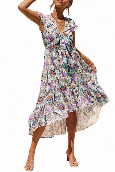 

multicolor boho floral print self-tie high waist long dress e3yl#, Black;pink