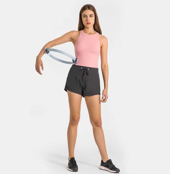 

l-2022 women sports shorts casual yoga pants cinchable drawcord short soft fabric running sweatpants fitness training trousers nake-feeling