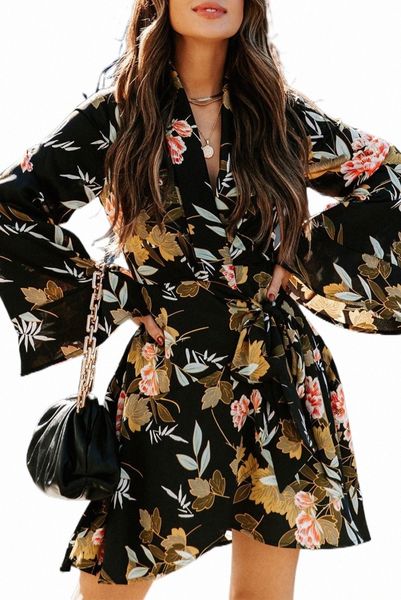 

black palazzo floral ruffle wrap dress 2023 new j6i2#, Black;pink