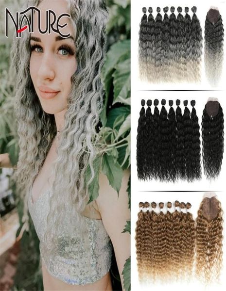 

nature hair curly water wave bundles with closure synthetic extensions ombre blonde  inch fiber 2206152192279, Black;brown