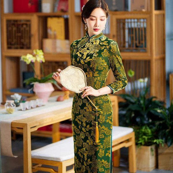 

dresses chinese traditional women velvet dresses mandarin collar print flower slim qipao lady elegant cheongsam plus size 4xl, Black;gray