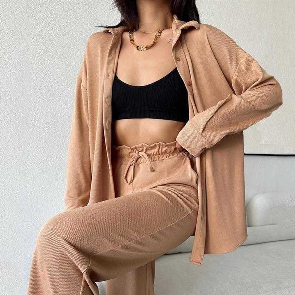 

suit womens solid color cardigan pants striped long sleeved shirt ruffled tied trousers two piece, White