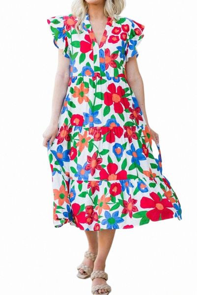 

multicolor flutter sleeve v neck high waist floral midi dress n86z#, Black;pink