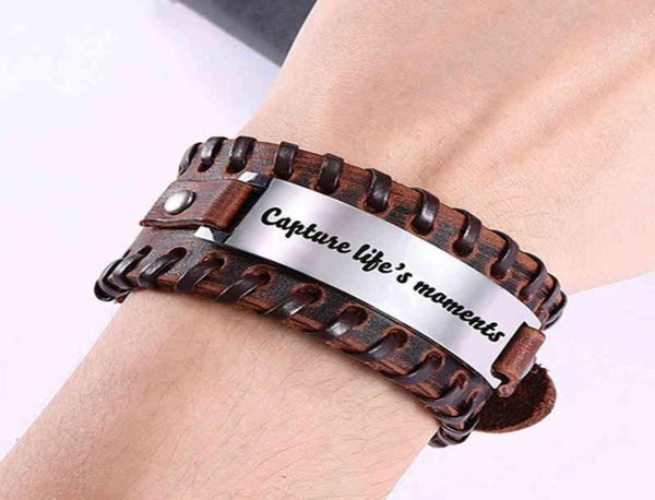 

punk wrap cuff leather bracelet men stainless steel words charm wristband bangle jewelry accessories life gift l2206228705408, Golden;silver
