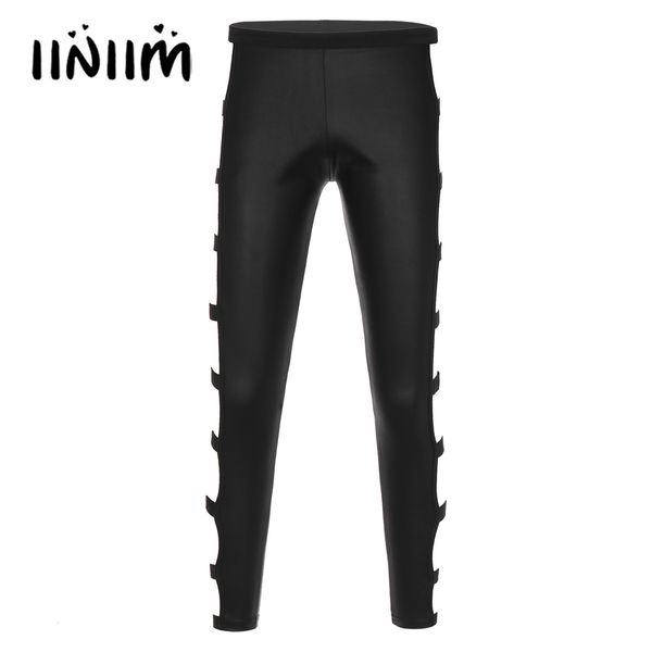 

men's pants black mens hollow out pu leather skinny pants elastic waistband leggings cutout trousers leggings club dance performance co