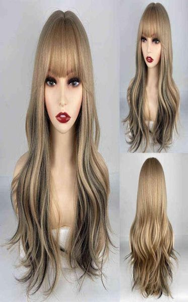 

hair urcgtsa long wavy black blonde synthetic ombre with fluffy bang women natural heat resistant fiber 2203017427235, Black;brown