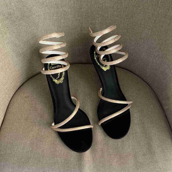 

rene caovilla margot embellished suede sandals snake strass stiletto heel evening shoes women high heeled luxury designers ankle wraparound, Black
