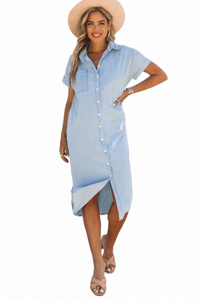 

sky blue chambray shirt short sleeves midi dress c8eo#, Black;pink