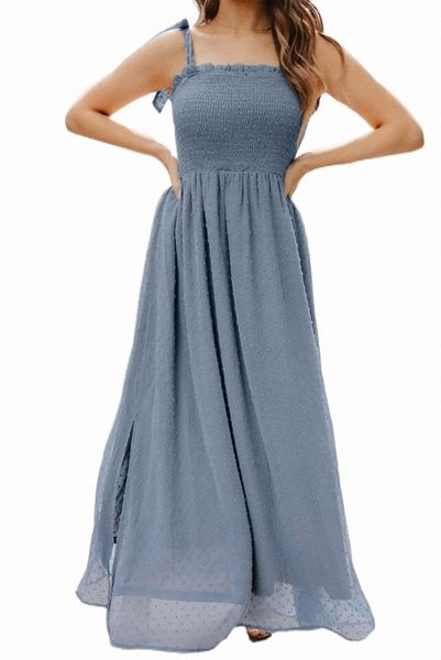 

sky blue smocked swiss dot maxi dress 2023 new 1770#, Black;pink