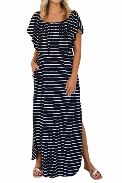 

blue striped print ruffled high waist maxi dress with side splits v8va#, Black;pink
