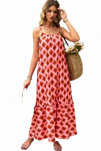 

red geometric print loose fit sleeveless maxi dress m6fr#, Black;pink