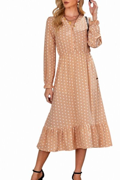 

apricot button polka dot high slit ruffled midi dress p8lh#, Black;pink