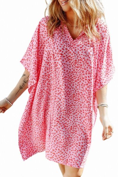 

leopard animal print half sleeve shift dress l53l#, Black;pink