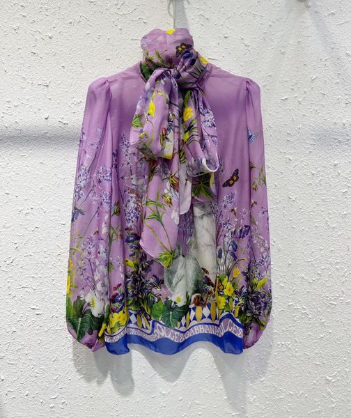 

women's blouses original purple white rabbit floral printed loose silk top