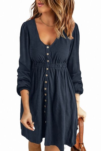 

dark blue button up high waist long sleeve dress s4qu#, Black;pink