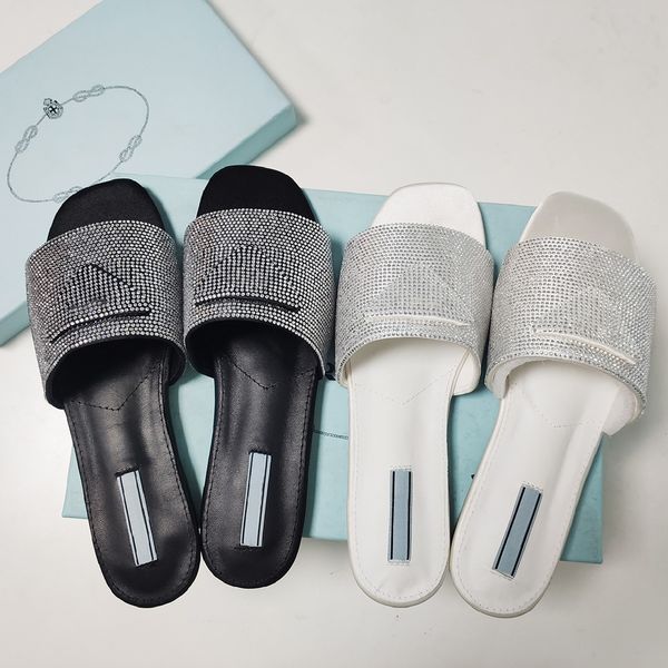 

slippers designer crystal embellished sandals women slippers triangle logo slides womens slip on flat rhinestone diamond sliders flip flops, Black