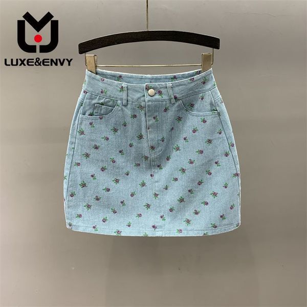 

skirts luxe fresh floral denim for women summer high waist buttocks wrapped slimming aline short 230516, Black